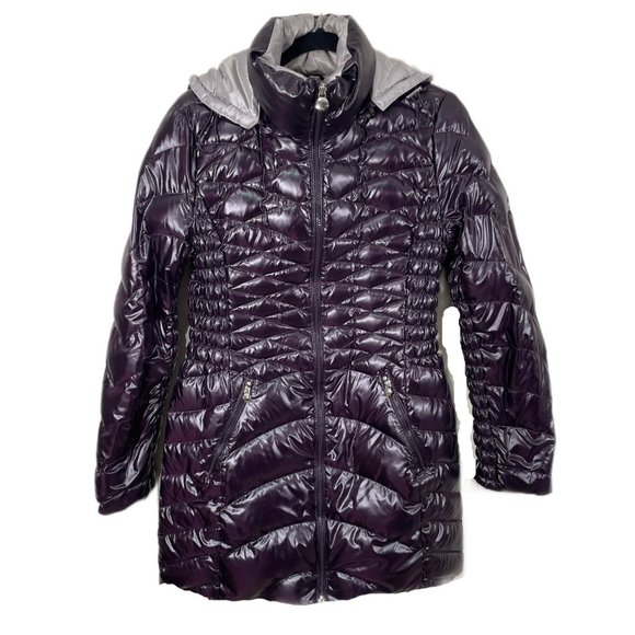 Laundry By Shelli Segal Shine Hooded Puffer Coat Size M 50% Down Eggplant Color - Picture 1 of 12